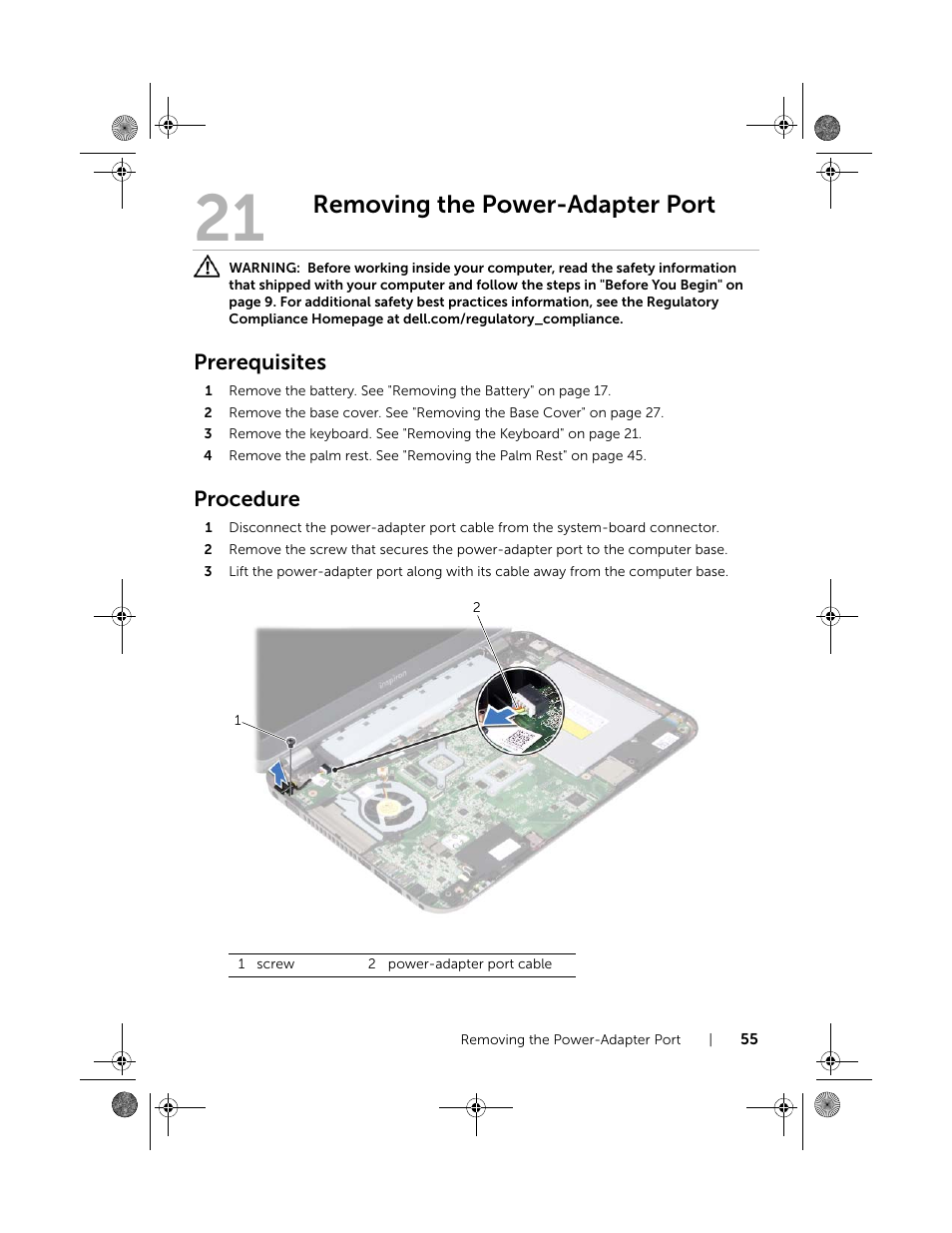 Removing the power-adapter port, Prerequisites, Procedure | Dell Inspiron 14R (5420, Mid 2012) User Manual | Page 55 / 110