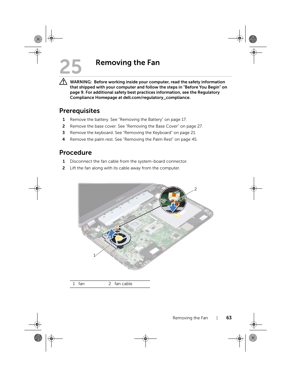 Removing the fan, Prerequisites, Procedure | Dell Inspiron 14R (5420, Mid 2012) User Manual | Page 63 / 110
