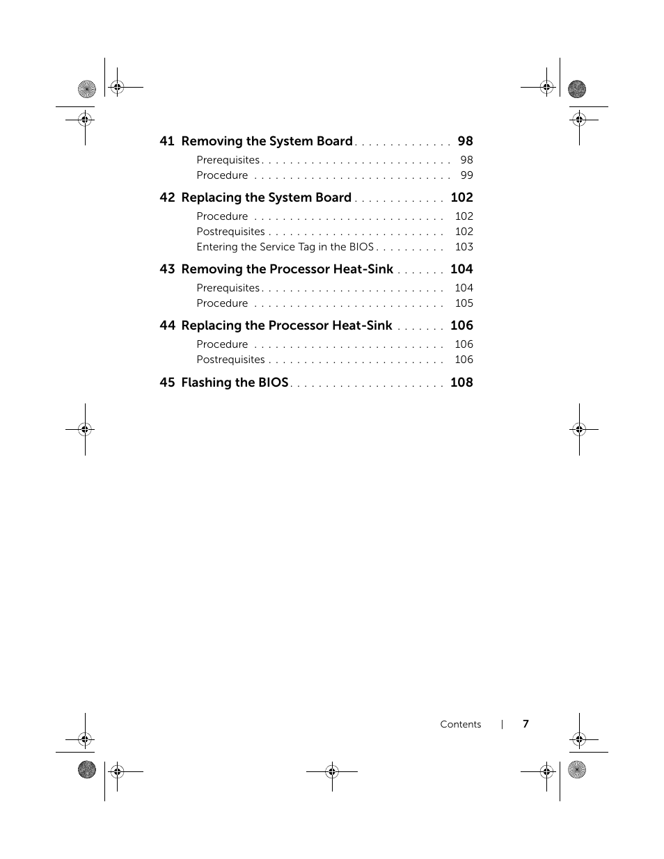 41 removing the system board, 42 replacing the system board, 43 removing the processor heat-sink | 44 replacing the processor heat-sink, 45 flashing the bios | Dell Inspiron 14R (5420, Mid 2012) User Manual | Page 7 / 110