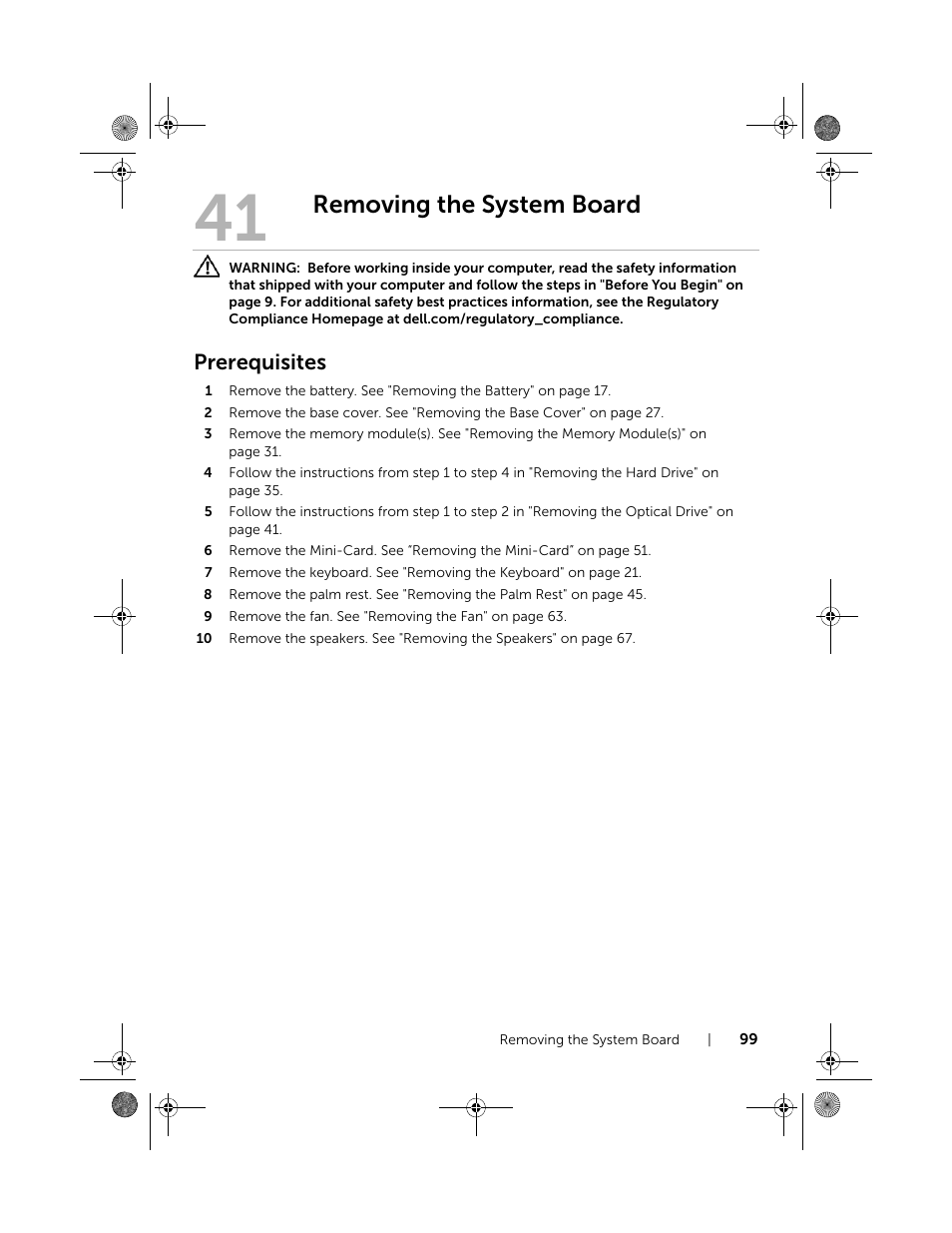 Removing the system board, Prerequisites | Dell Inspiron 14R (5420, Mid 2012) User Manual | Page 99 / 110