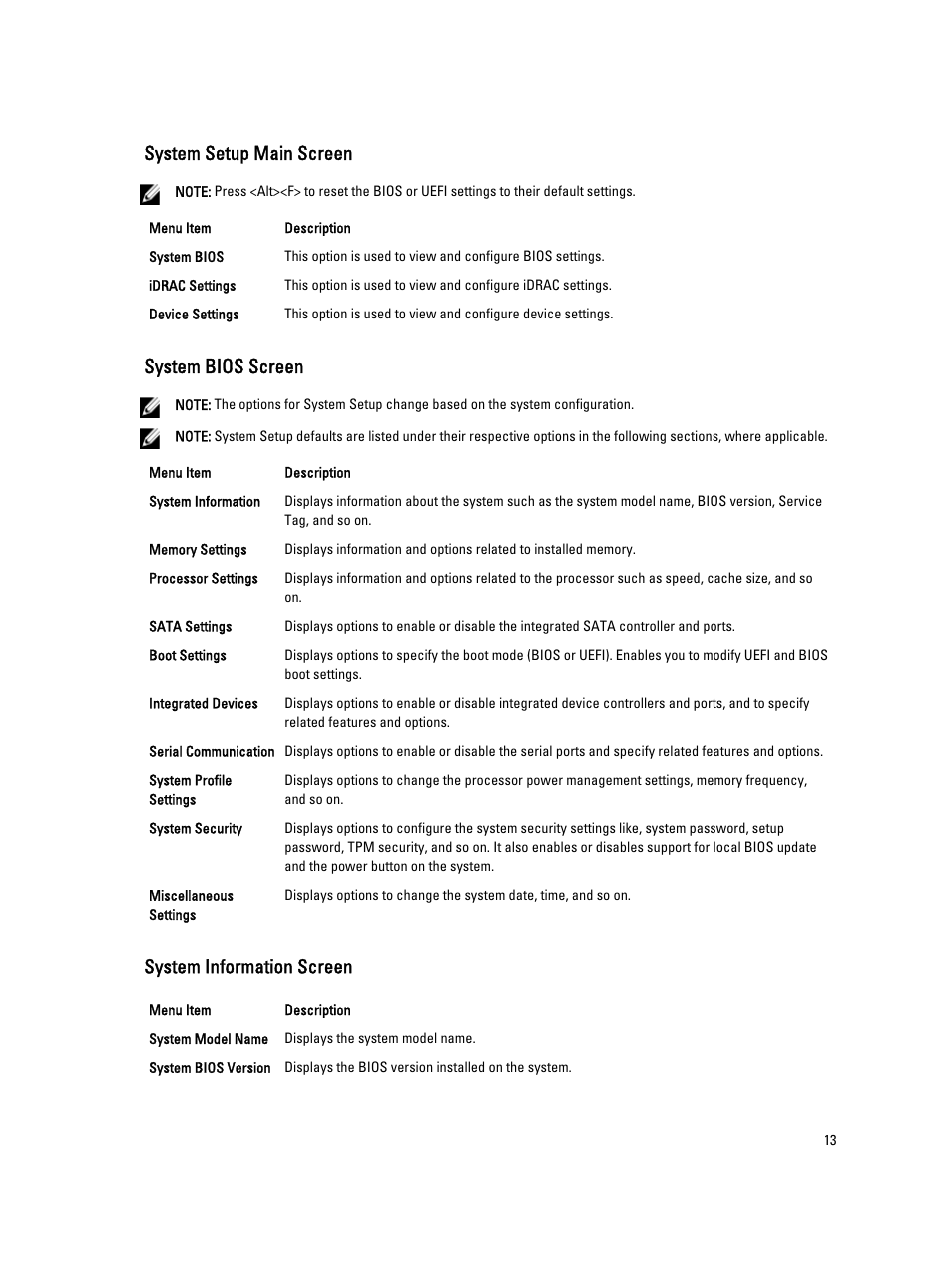 System setup main screen, System bios screen, System information screen | Dell PowerEdge M520 (for PE VRTX) User Manual | Page 13 / 139