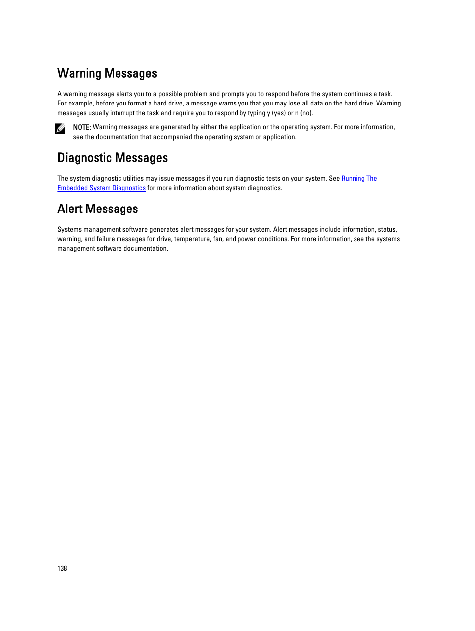 Warning messages, Diagnostic messages, Alert messages | Dell PowerEdge M520 (for PE VRTX) User Manual | Page 138 / 139
