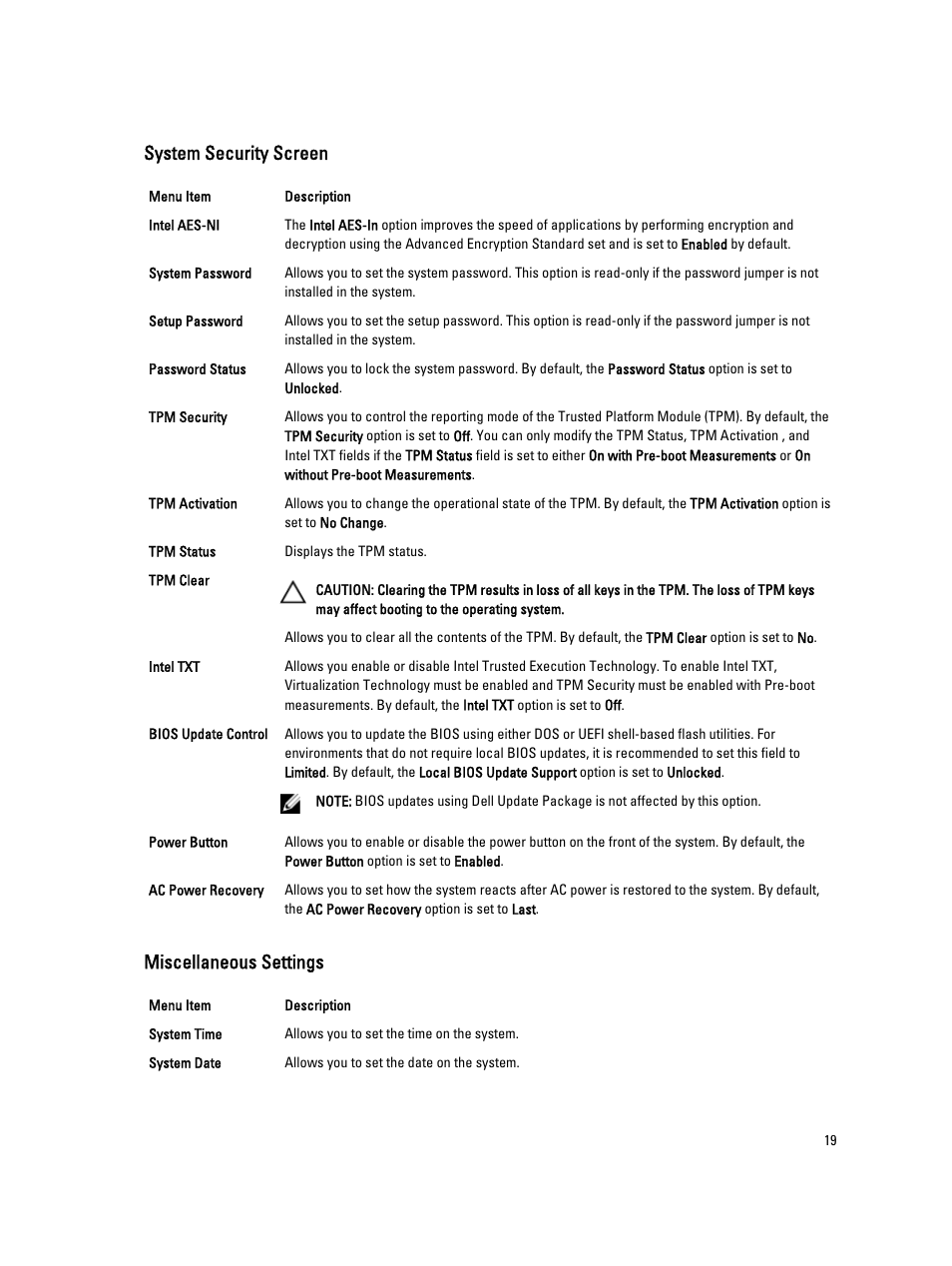 System security screen, Miscellaneous settings | Dell PowerEdge M520 (for PE VRTX) User Manual | Page 19 / 139