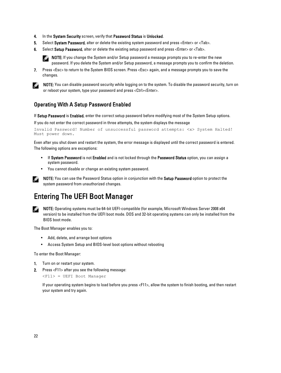 Operating with a setup password enabled, Entering the uefi boot manager | Dell PowerEdge M520 (for PE VRTX) User Manual | Page 22 / 139