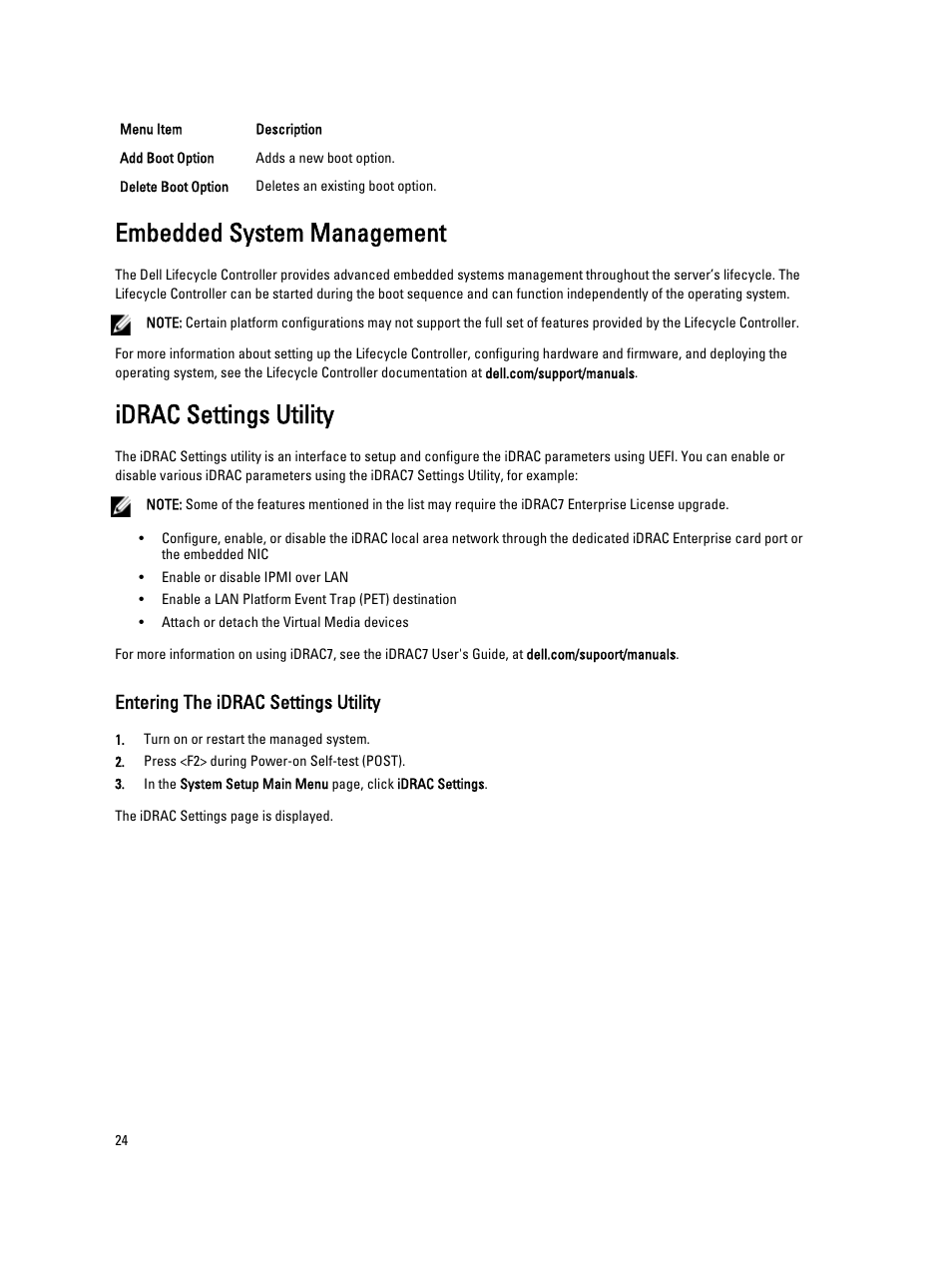 Embedded system management, Idrac settings utility, Entering the idrac settings utility | Dell PowerEdge M520 (for PE VRTX) User Manual | Page 24 / 139