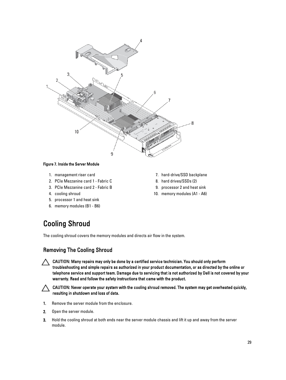 Cooling shroud, Removing the cooling shroud | Dell PowerEdge M520 (for PE VRTX) User Manual | Page 29 / 139