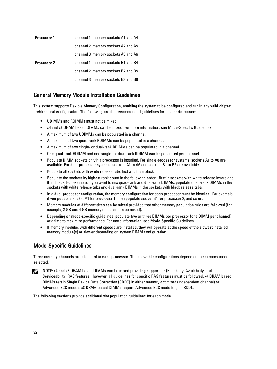 General memory module installation guidelines, Mode-specific guidelines | Dell PowerEdge M520 (for PE VRTX) User Manual | Page 32 / 139