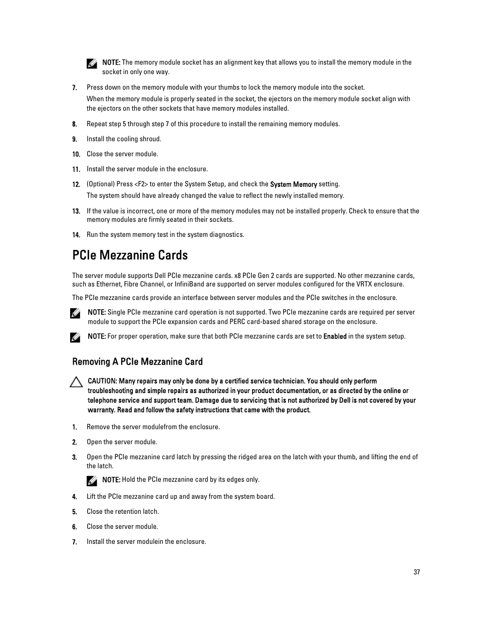 Pcie mezzanine cards, Removing a pcie mezzanine card | Dell PowerEdge M520 (for PE VRTX) User Manual | Page 37 / 139