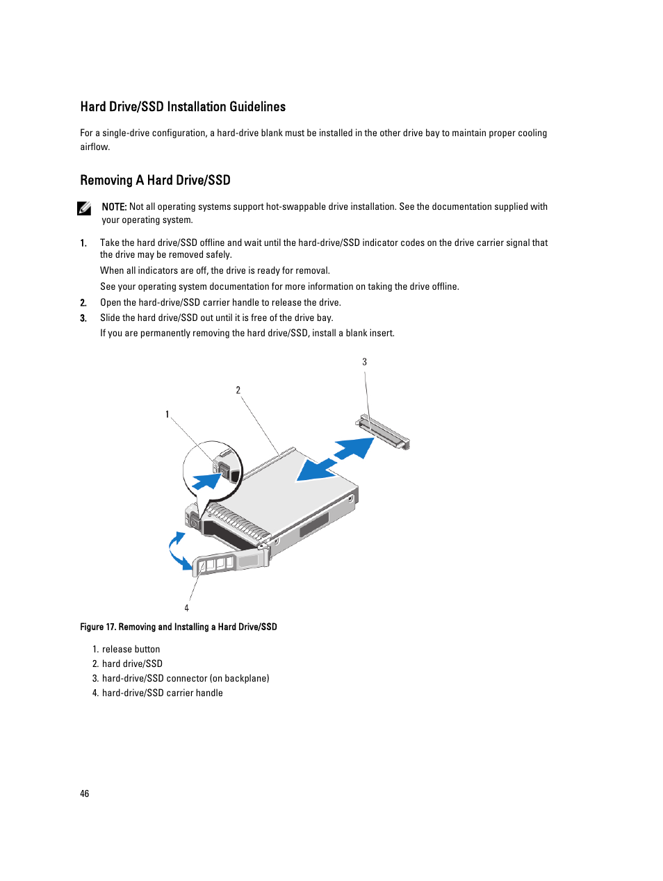 Hard drive/ssd installation guidelines, Removing a hard drive/ssd | Dell PowerEdge M520 (for PE VRTX) User Manual | Page 46 / 139