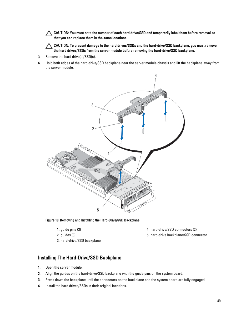 Installing the hard-drive/ssd backplane | Dell PowerEdge M520 (for PE VRTX) User Manual | Page 49 / 139