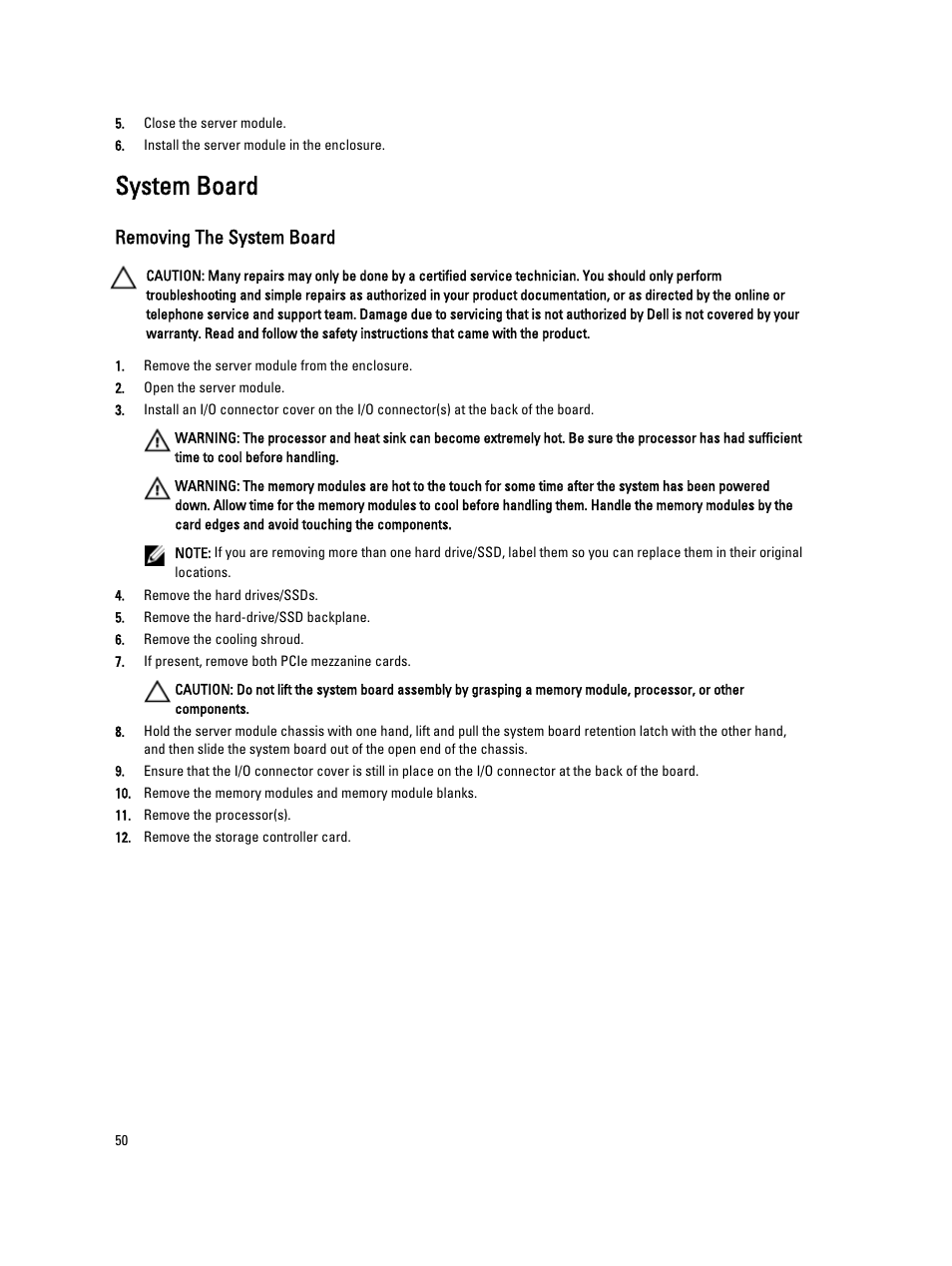 System board, Removing the system board | Dell PowerEdge M520 (for PE VRTX) User Manual | Page 50 / 139