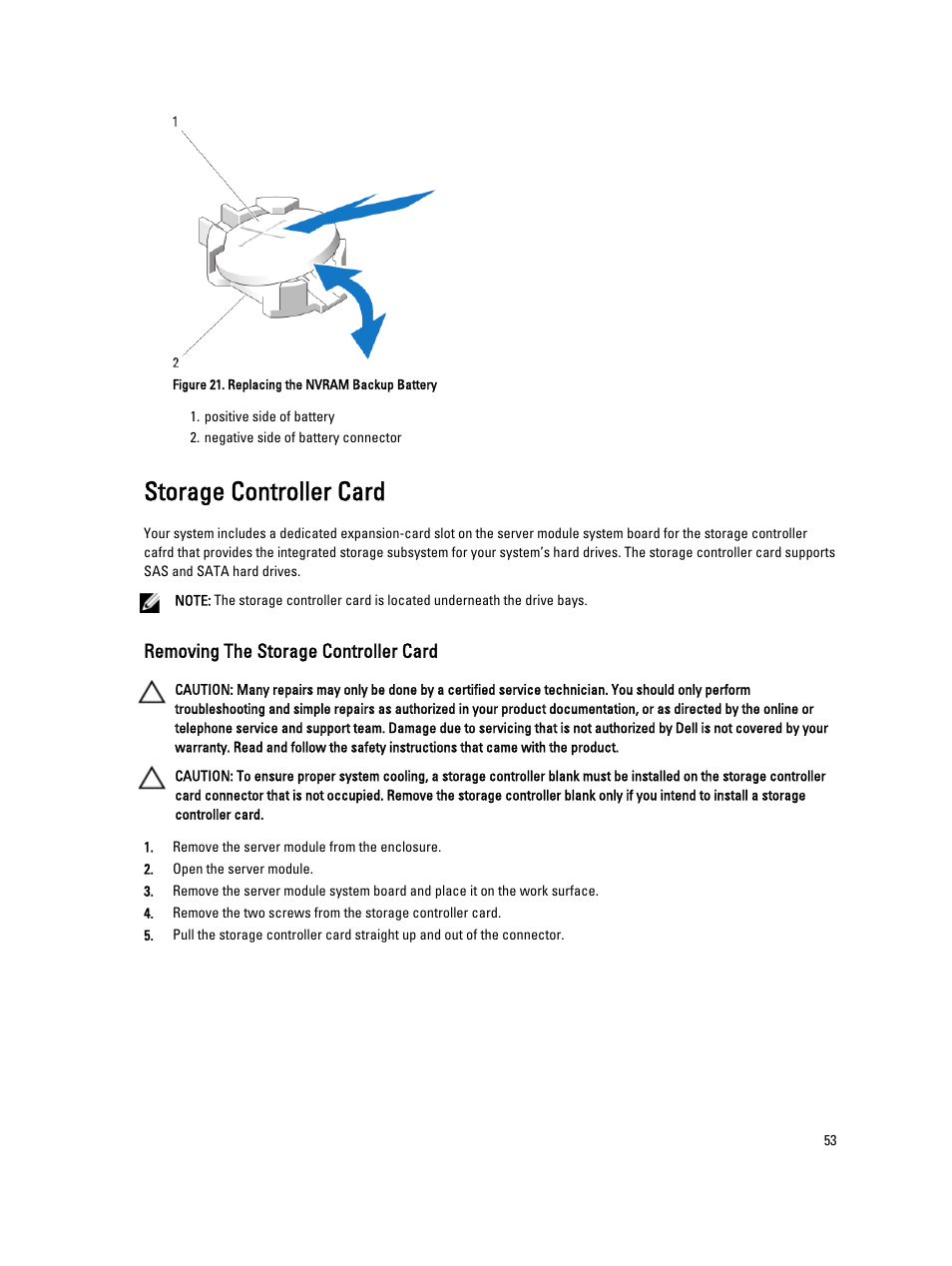 Storage controller card, Removing the storage controller card | Dell PowerEdge M520 (for PE VRTX) User Manual | Page 53 / 139