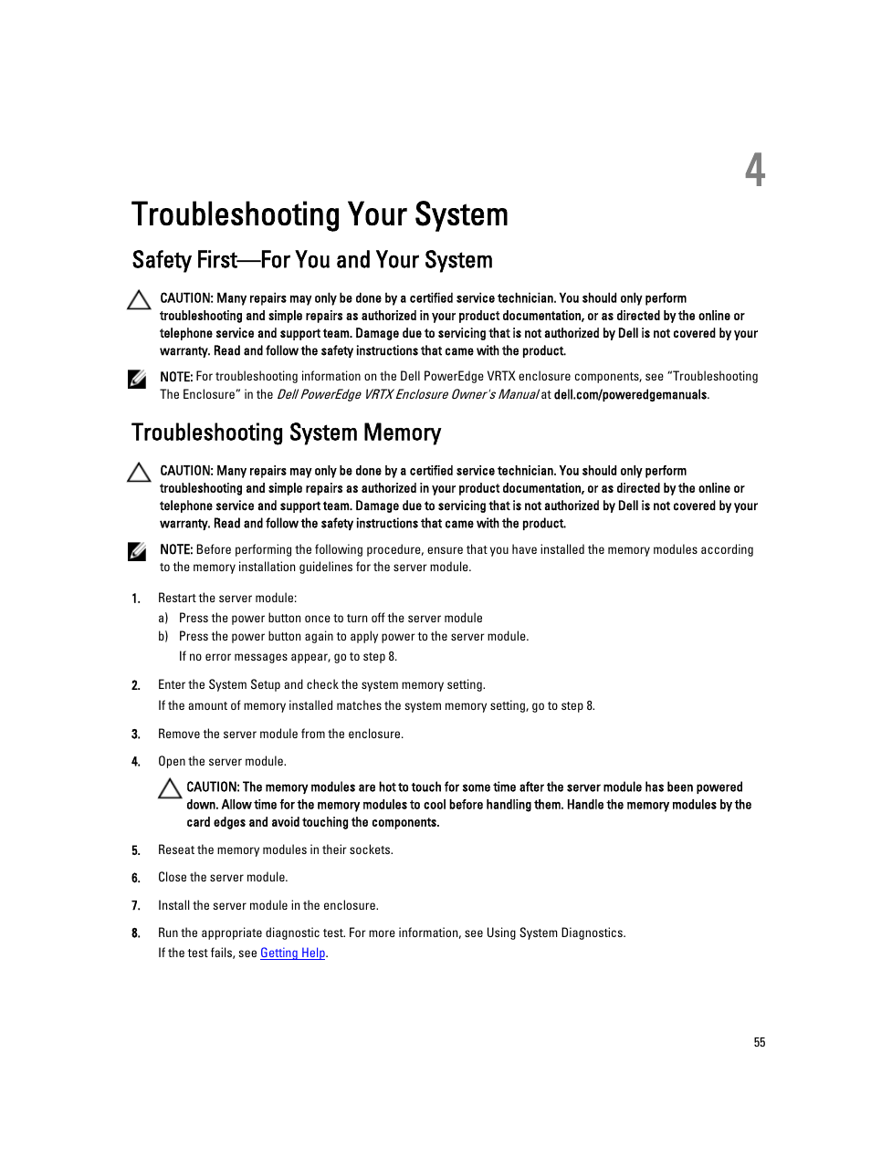 Troubleshooting your system, Safety first—for you and your system, Troubleshooting system memory | 4 troubleshooting your system | Dell PowerEdge M520 (for PE VRTX) User Manual | Page 55 / 139