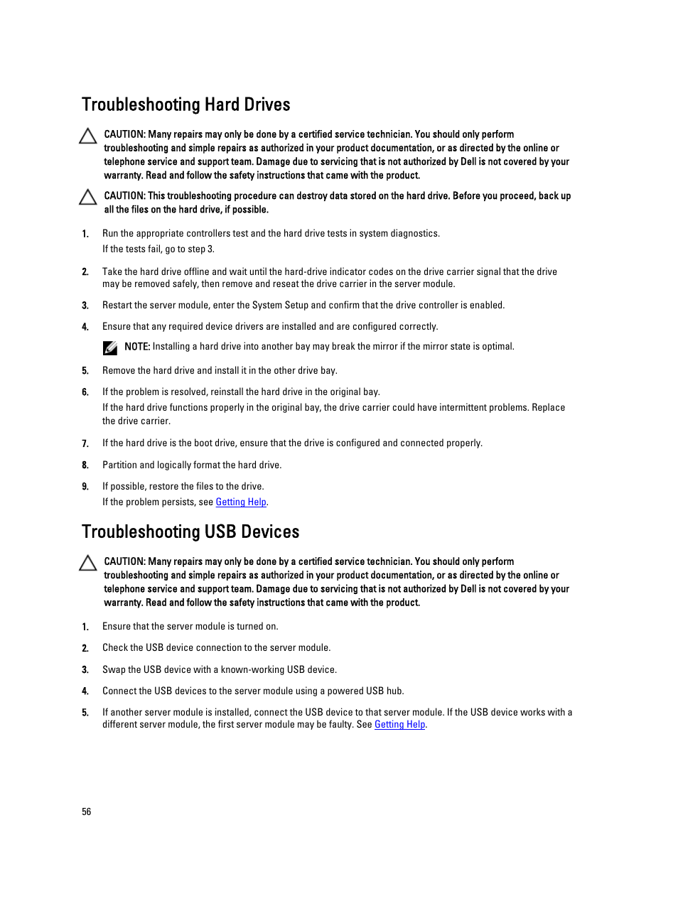 Troubleshooting hard drives, Troubleshooting usb devices | Dell PowerEdge M520 (for PE VRTX) User Manual | Page 56 / 139