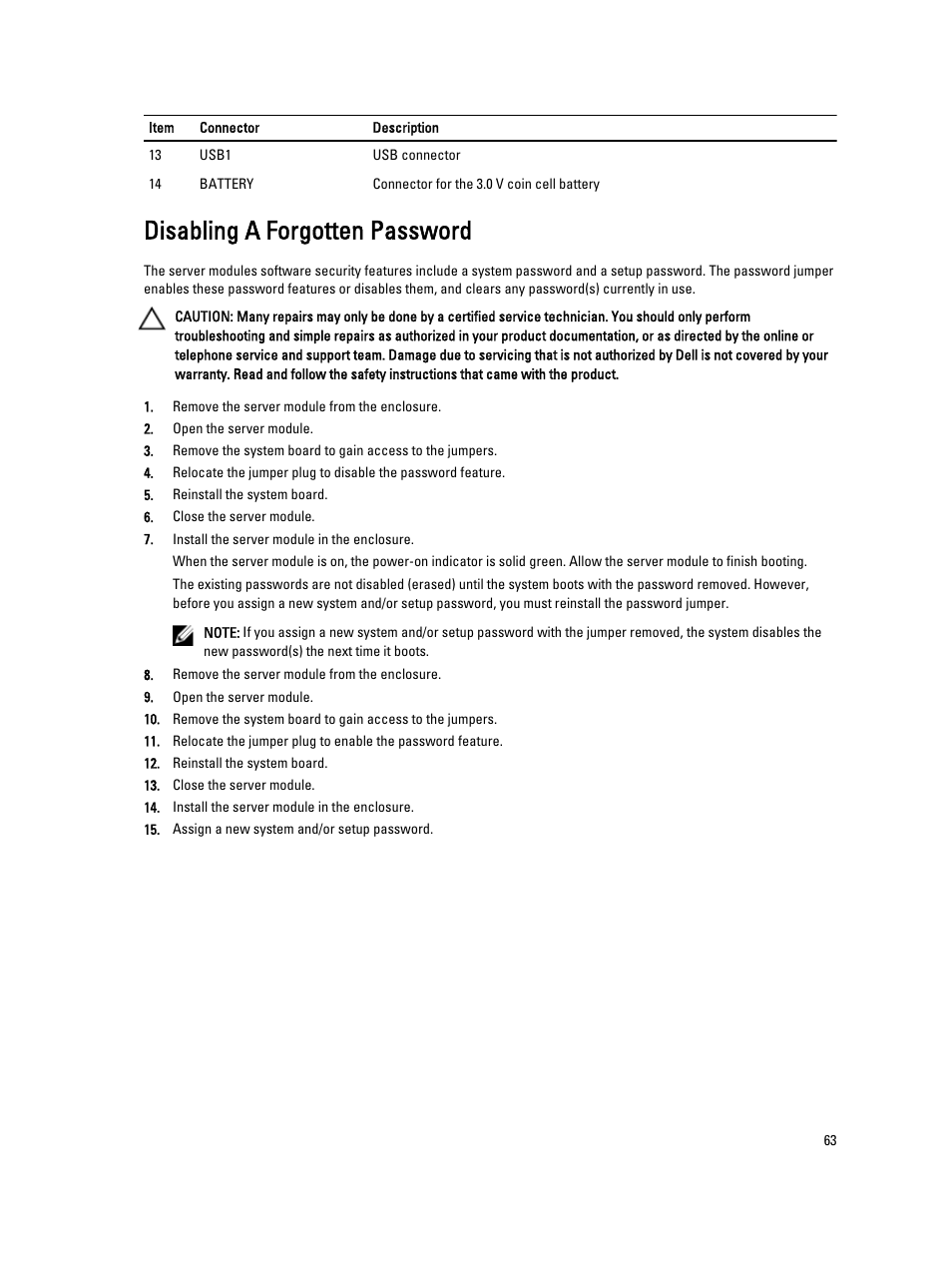 Disabling a forgotten password | Dell PowerEdge M520 (for PE VRTX) User Manual | Page 63 / 139