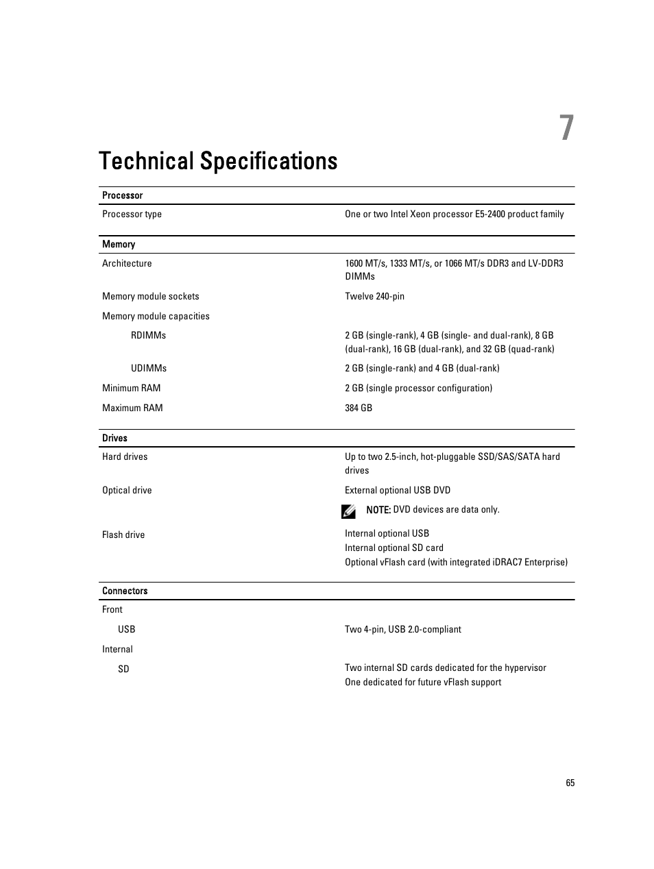 Technical specifications, 7 technical specifications | Dell PowerEdge M520 (for PE VRTX) User Manual | Page 65 / 139