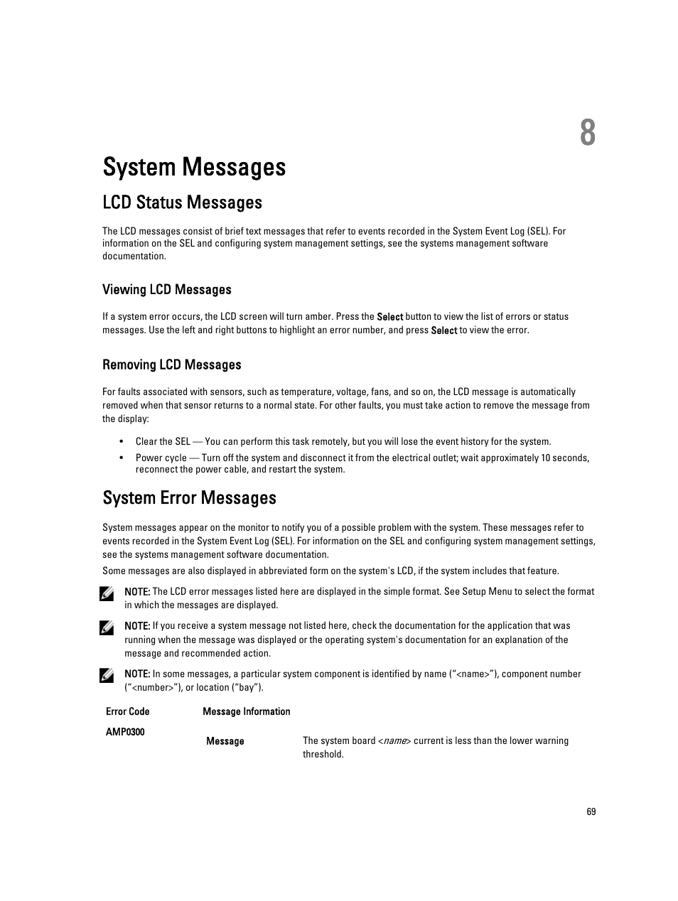 System messages, Lcd status messages, Viewing lcd messages | Removing lcd messages, System error messages, 8 system messages | Dell PowerEdge M520 (for PE VRTX) User Manual | Page 69 / 139
