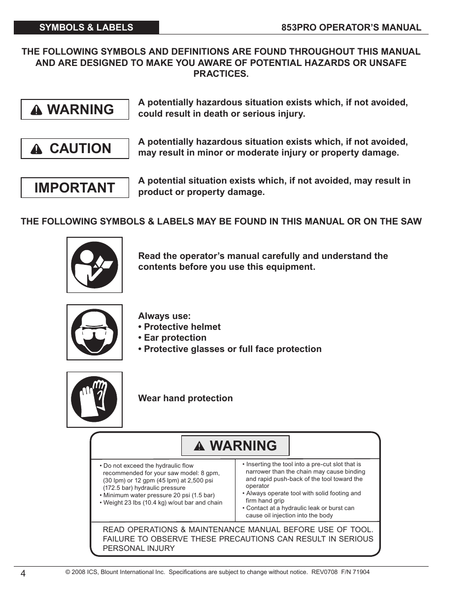 Important warning caution, Warning | Blount 853PRO User Manual | Page 3 / 17