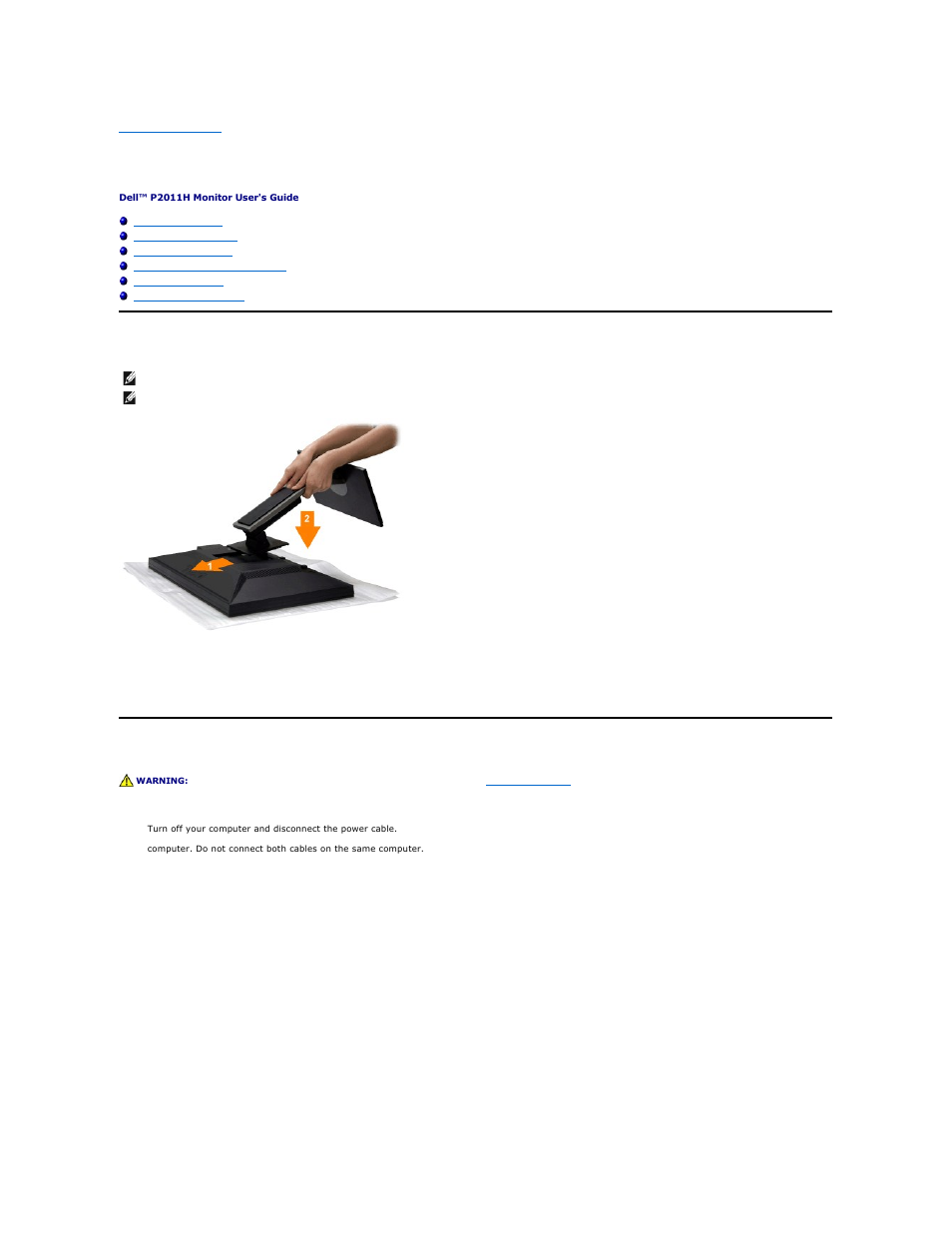 Setting up the monitor, Attaching the stand, Connecting your monitor | Dell P2011H Monitor User Manual | Page 30 / 37