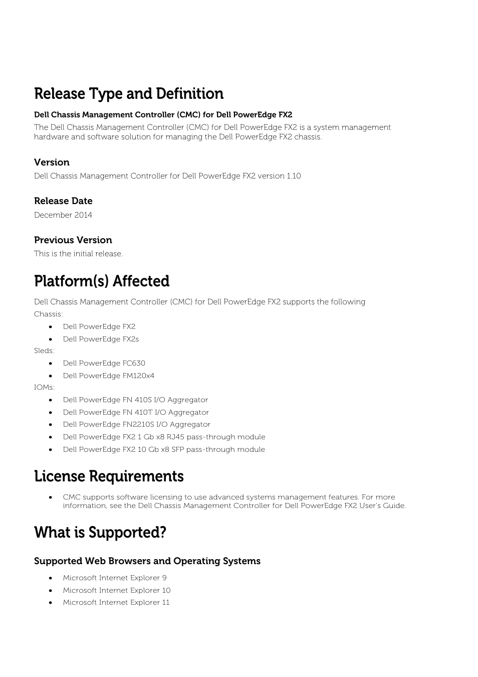 Release type and definition, Version, Release date | Previous version, Platform(s) affected, License requirements, What is supported, Supported web browsers and operating systems | Dell PowerEdge FX2/FX2s User Manual | Page 2 / 5