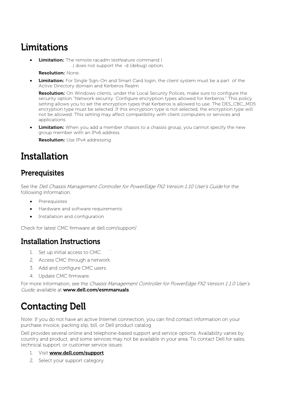 Limitations, Installation, Prerequisites | Installation instructions, Contacting dell | Dell PowerEdge FX2/FX2s User Manual | Page 4 / 5