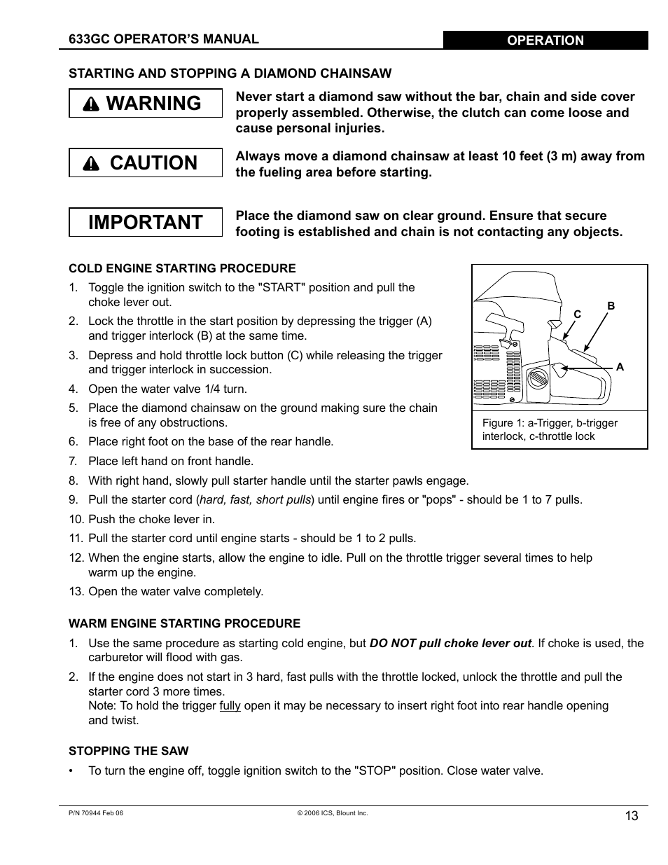 Caution, Important warning | Blount 633GC User Manual | Page 13 / 28