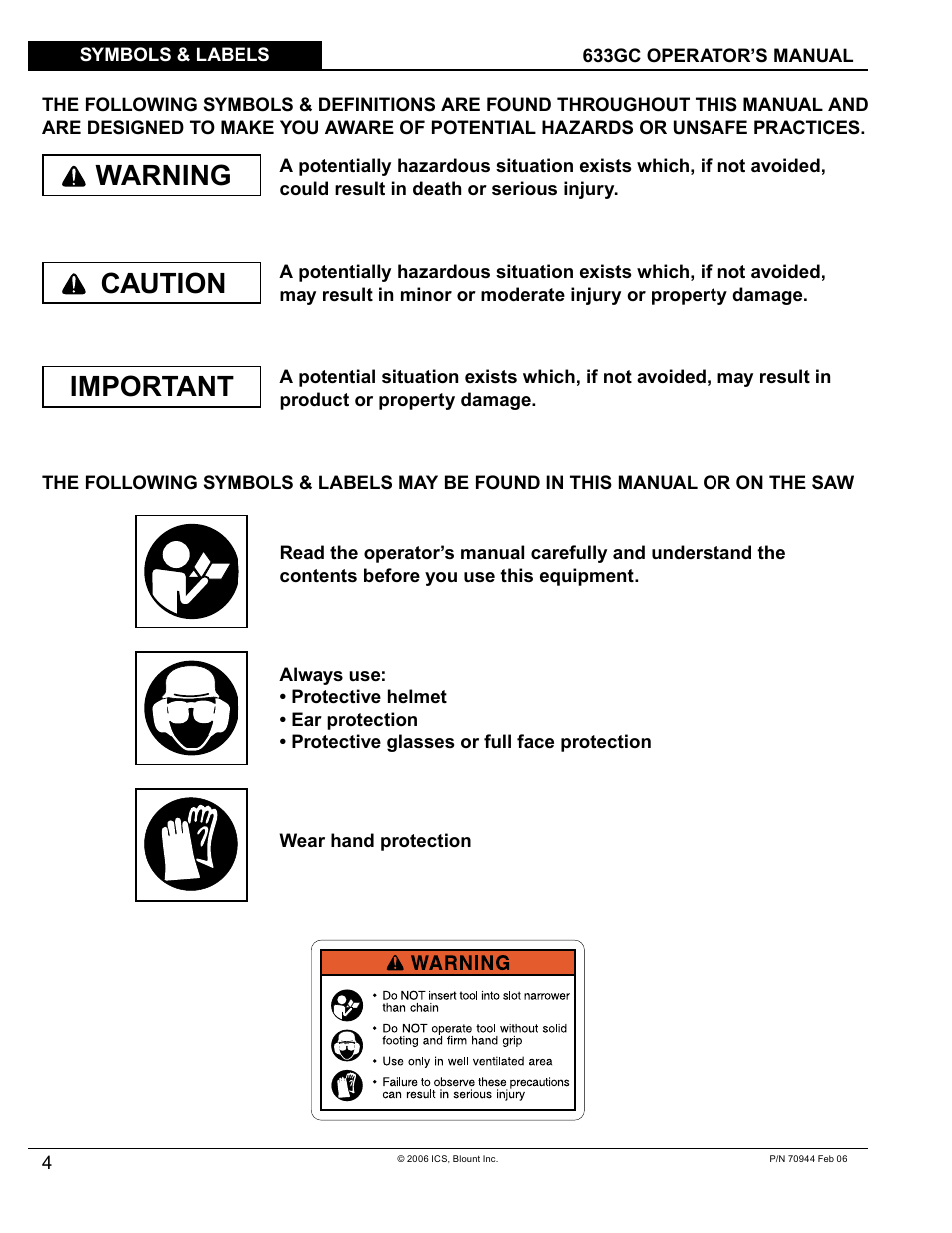 Important warning caution | Blount 633GC User Manual | Page 4 / 28