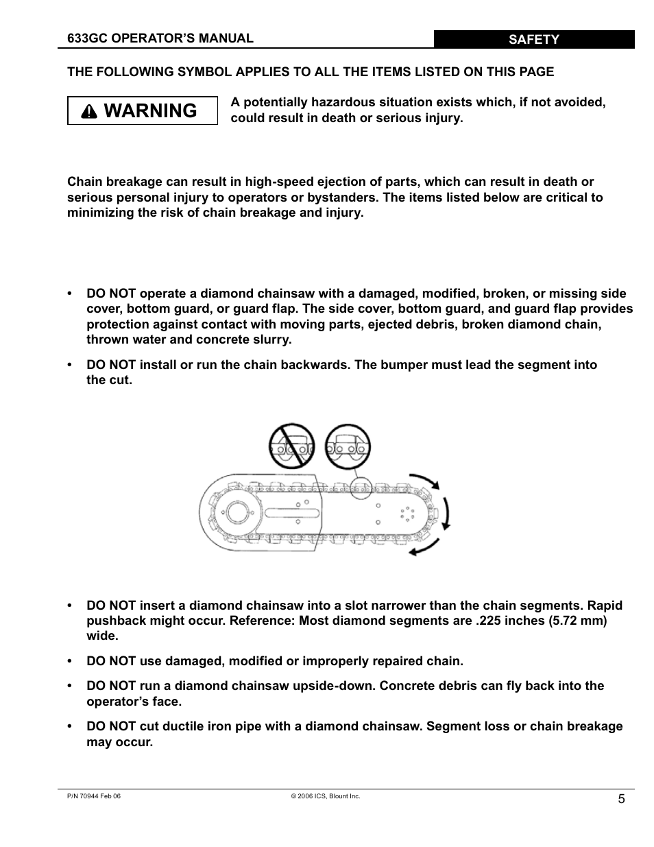 Warning | Blount 633GC User Manual | Page 5 / 28