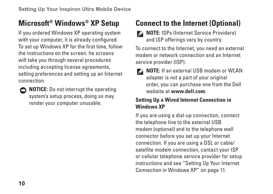 Microsoft® windows® xp setup, Connect to the internet (optional), Microsoft | Windows, Xp setup | Dell Inspiron Mini 9 (910, Late 2008) User Manual | Page 12 / 66