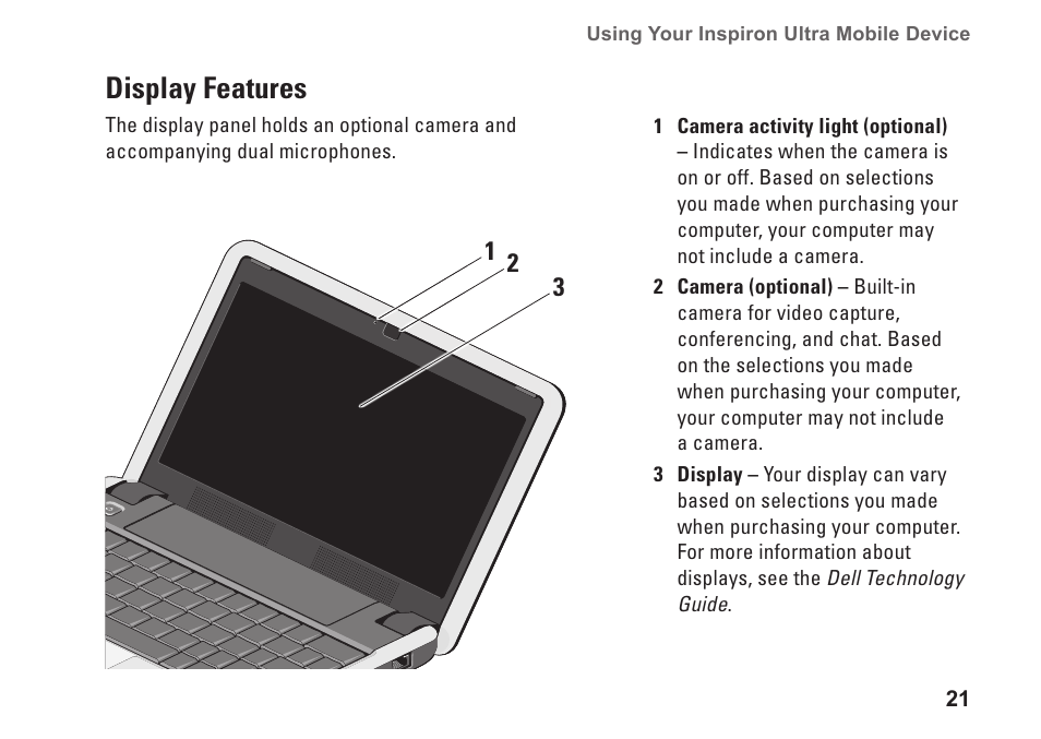 Display features | Dell Inspiron Mini 9 (910, Late 2008) User Manual | Page 23 / 66