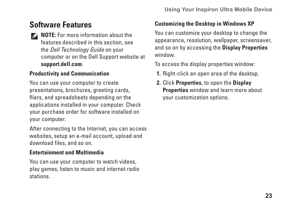 Software features | Dell Inspiron Mini 9 (910, Late 2008) User Manual | Page 25 / 66