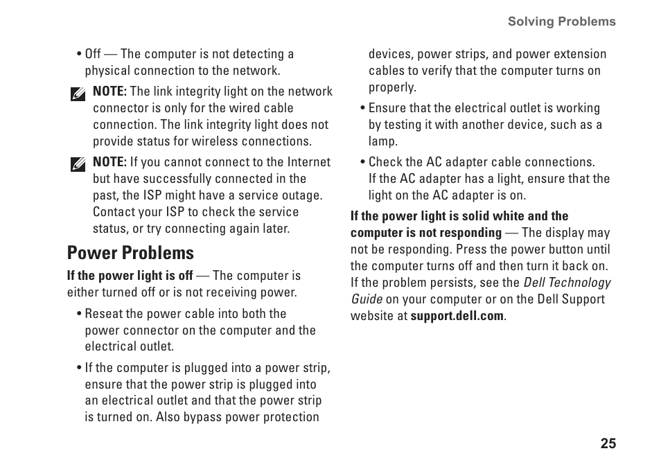 Power problems | Dell Inspiron Mini 9 (910, Late 2008) User Manual | Page 27 / 66