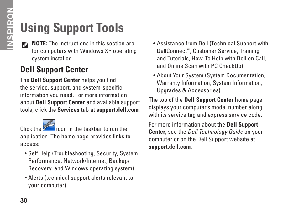 Using support tools, Dell support center, Inspiron | Dell Inspiron Mini 9 (910, Late 2008) User Manual | Page 32 / 66