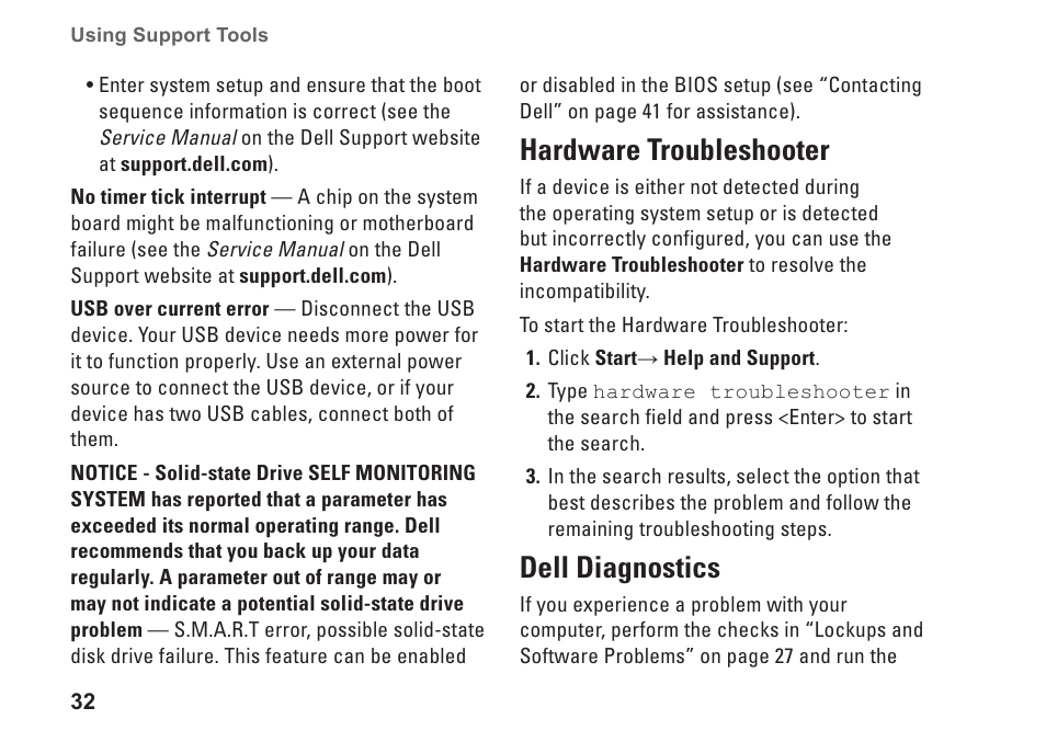 Hardware troubleshooter, Dell diagnostics, Hardware troubleshooter dell diagnostics | Dell Inspiron Mini 9 (910, Late 2008) User Manual | Page 34 / 66