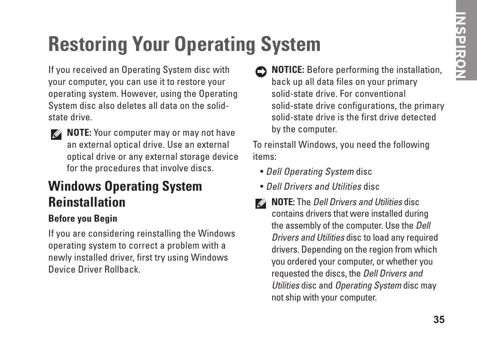 Restoring your operating system, Windows operating system reinstallation, Windows operating system | Reinstallation, Inspiron | Dell Inspiron Mini 9 (910, Late 2008) User Manual | Page 37 / 66