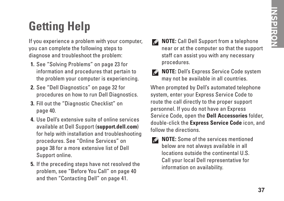 Getting help, Inspiron | Dell Inspiron Mini 9 (910, Late 2008) User Manual | Page 39 / 66