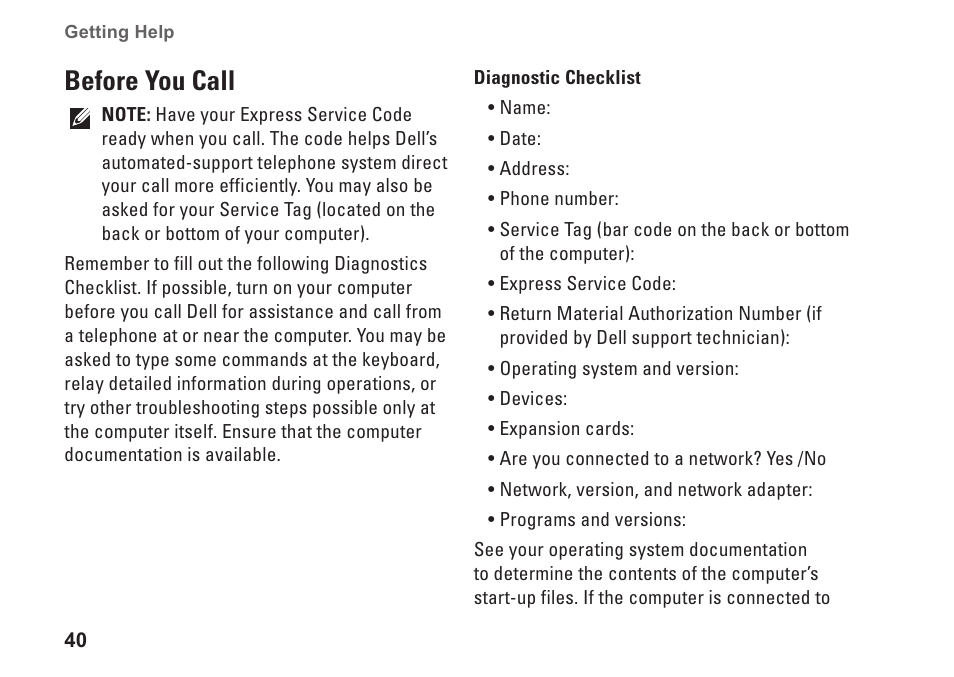 Before you call | Dell Inspiron Mini 9 (910, Late 2008) User Manual | Page 42 / 66