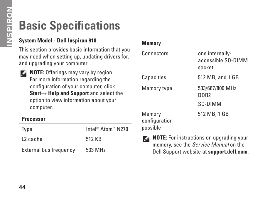 Basic specifications, Inspiron | Dell Inspiron Mini 9 (910, Late 2008) User Manual | Page 46 / 66