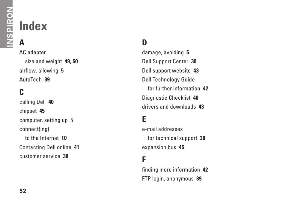 Index, Inspiron | Dell Inspiron Mini 9 (910, Late 2008) User Manual | Page 54 / 66