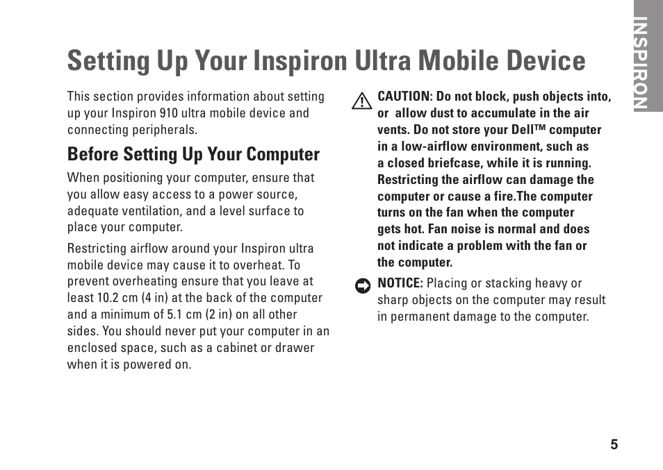 Setting up your inspiron ultra mobile device, Before setting up your computer, Setting up your inspiron ultra | Mobile device, Inspiron | Dell Inspiron Mini 9 (910, Late 2008) User Manual | Page 7 / 66