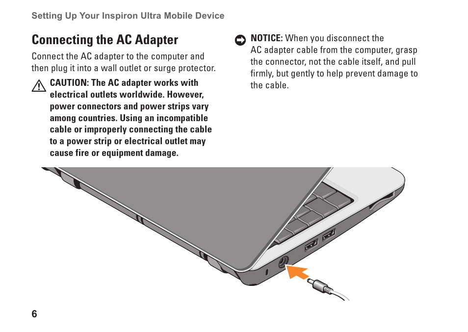 Connecting the ac adapter | Dell Inspiron Mini 9 (910, Late 2008) User Manual | Page 8 / 66