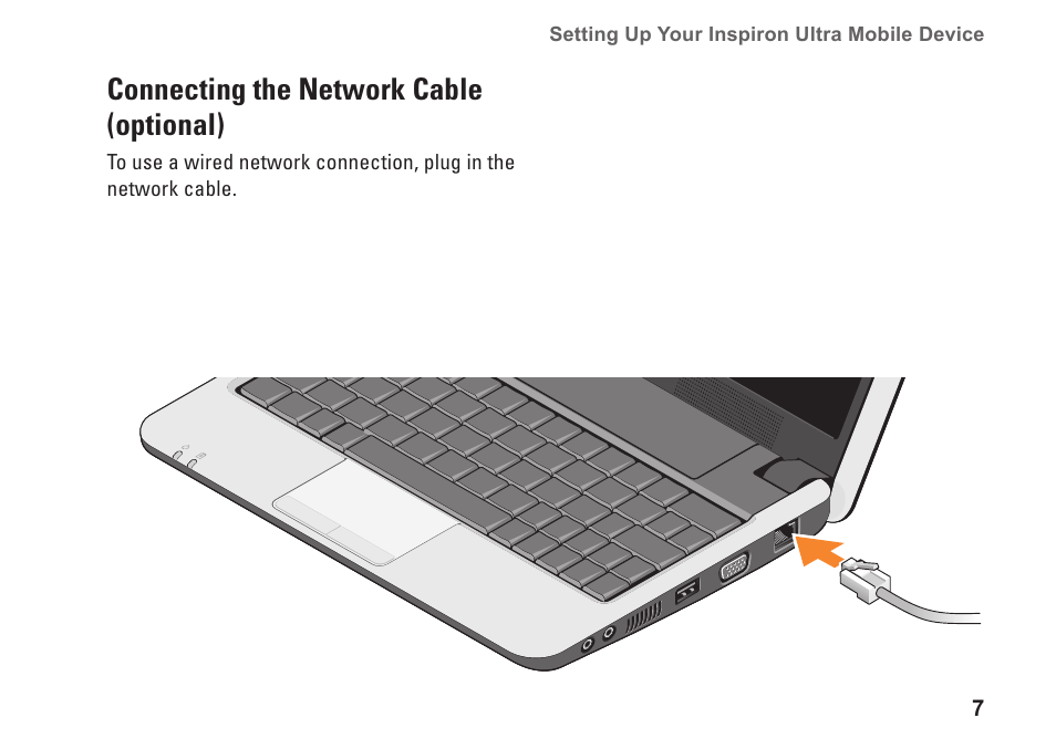 Connecting the network cable (optional), Connecting the network cable, Optional) | Dell Inspiron Mini 9 (910, Late 2008) User Manual | Page 9 / 66