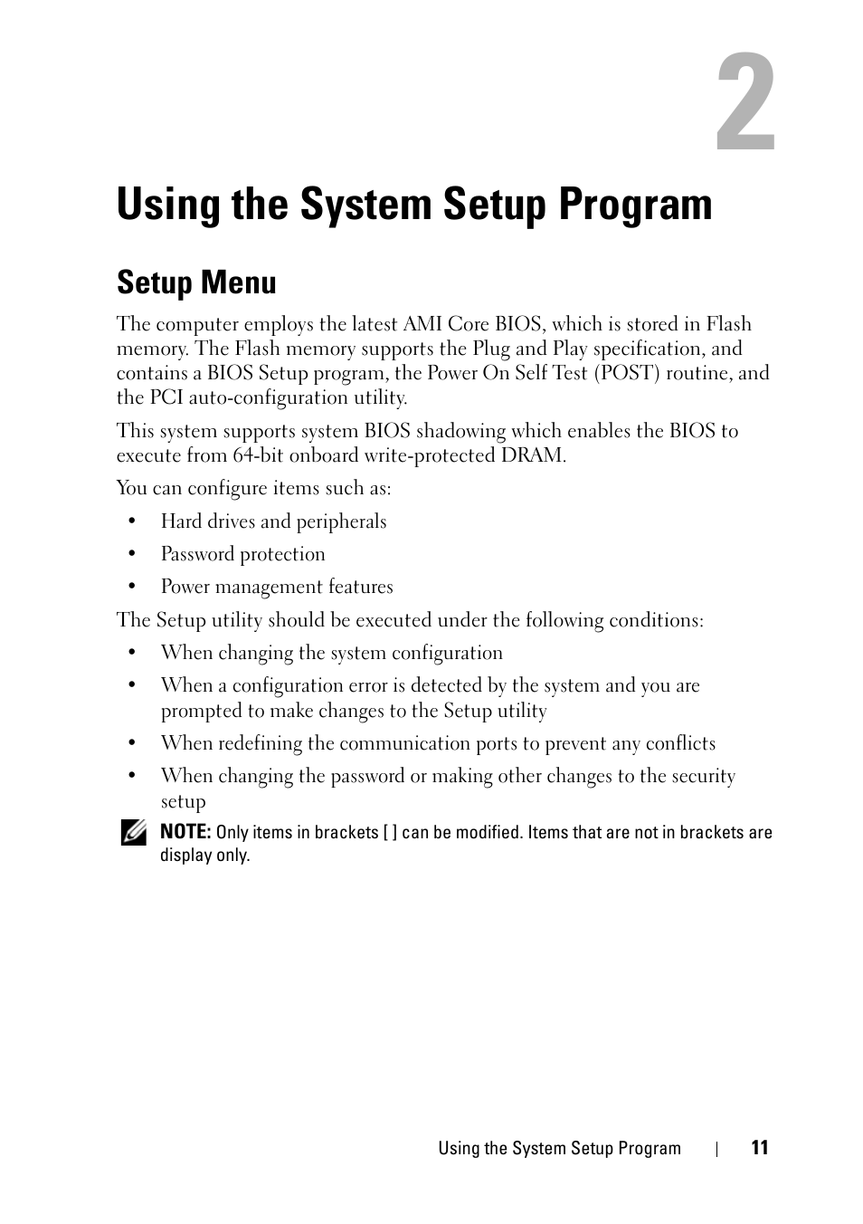 Using the system setup program, Setup menu | Dell PowerEdge C5125 User Manual | Page 11 / 100