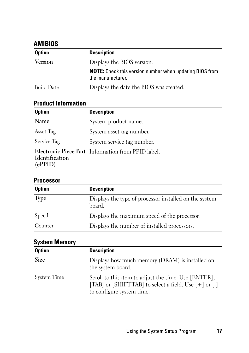 Amibios, Product information, Processor | System memory | Dell PowerEdge C5125 User Manual | Page 17 / 100