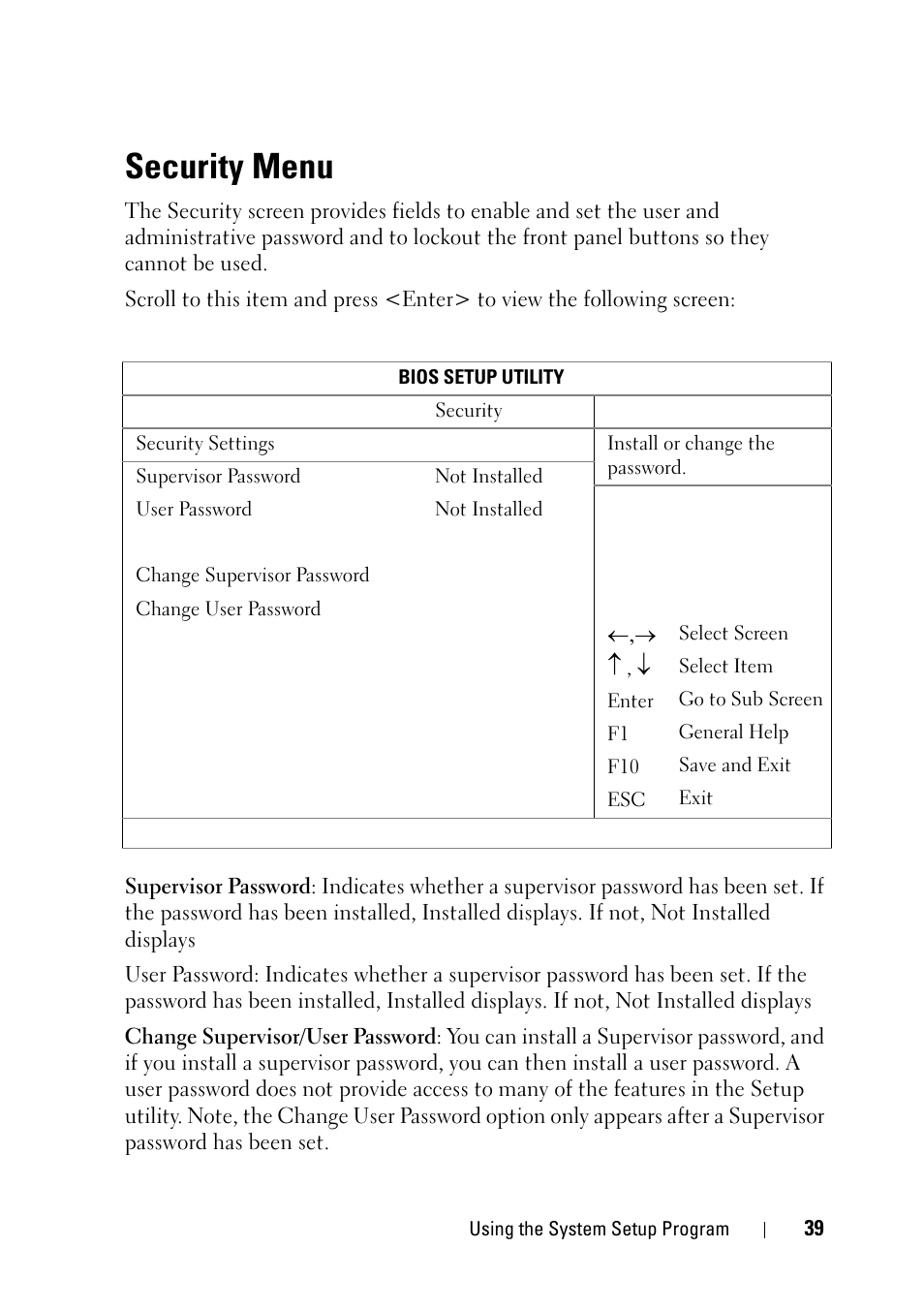 Security menu | Dell PowerEdge C5125 User Manual | Page 39 / 100