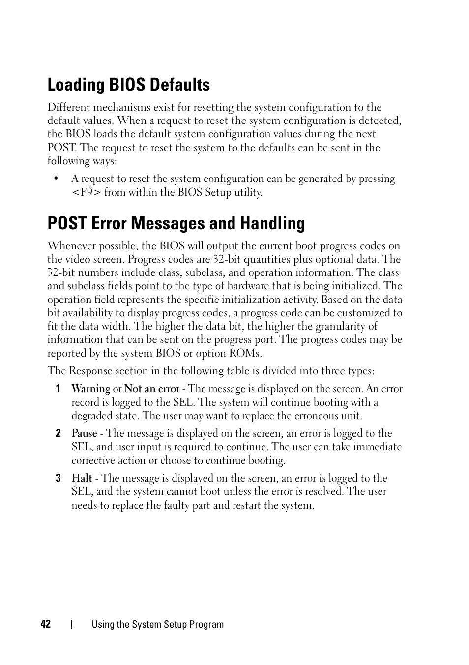 Loading bios defaults, Post error messages and handling | Dell PowerEdge C5125 User Manual | Page 42 / 100