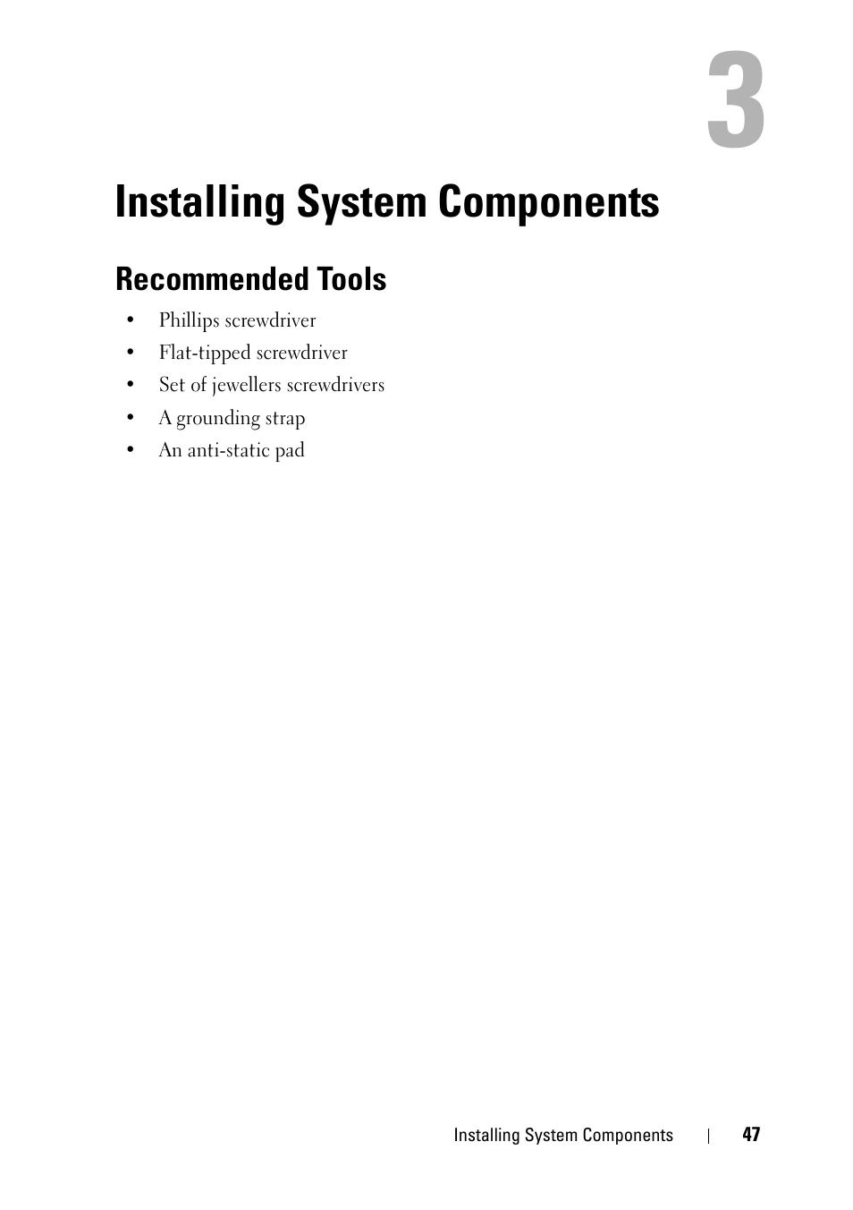 Installing system components, Recommended tools | Dell PowerEdge C5125 User Manual | Page 47 / 100