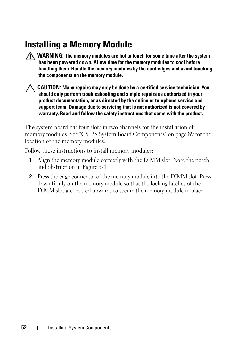 Installing a memory module | Dell PowerEdge C5125 User Manual | Page 52 / 100