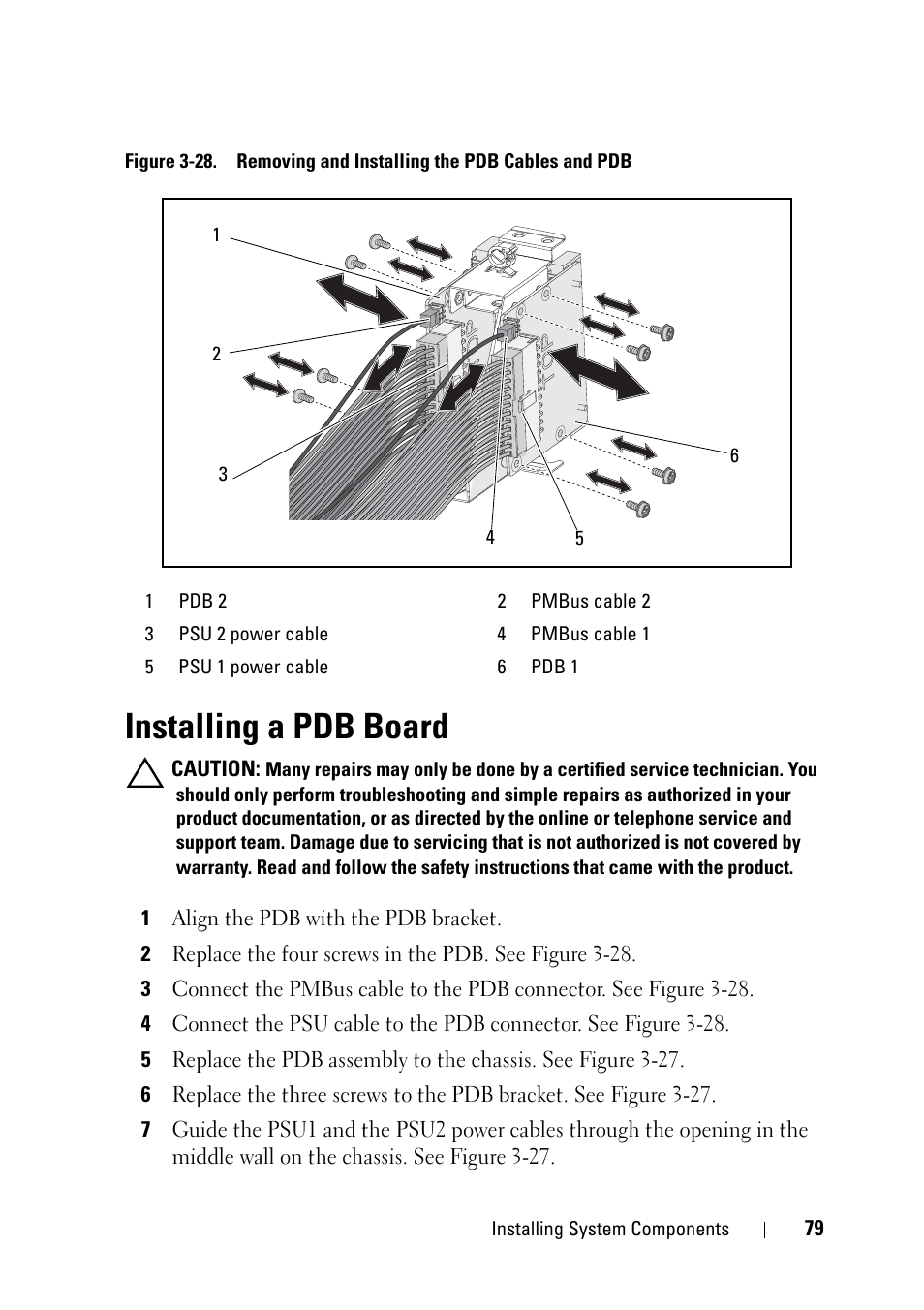 Installing a pdb board, Figure 3-28, Pdb. see figure 3-28 | Dell PowerEdge C5125 User Manual | Page 79 / 100