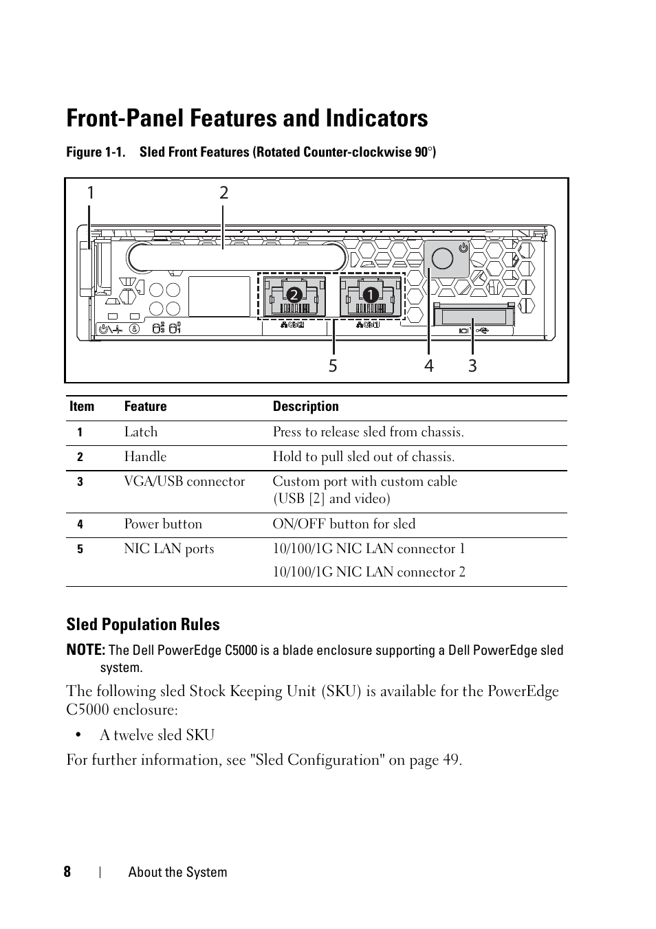 Front-panel features and indicators, Sled population rules | Dell PowerEdge C5125 User Manual | Page 8 / 100